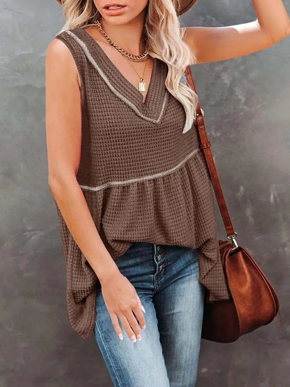 V-Neck Waffle Knit Tank Top With Contrast Stitching