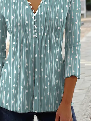 Women Geometric Casual Autumn V neck Daily Three Quarter Regular Regular Regular Size Tops