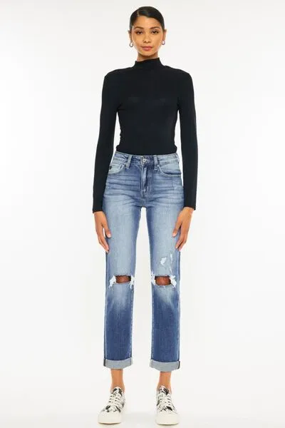 High Waist Distressed Hem Detail Cropped Denim Jeans