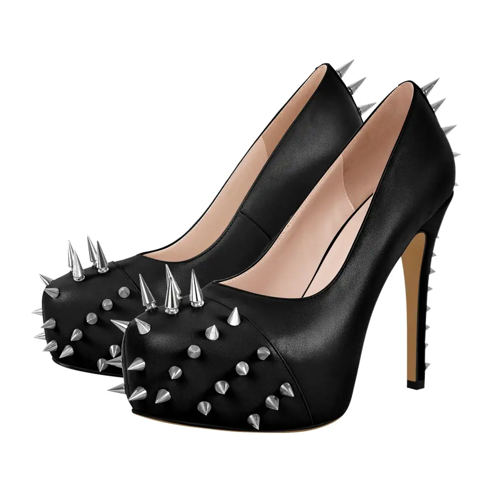 Rivet Round Toe Platform Stiletto Buckle Strap Pumps