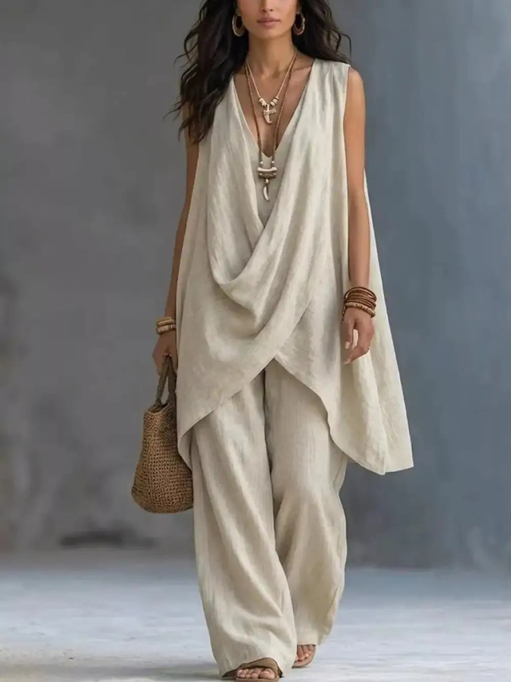 Sleeveless Asymmetrical Top and Wide Leg Pants Set