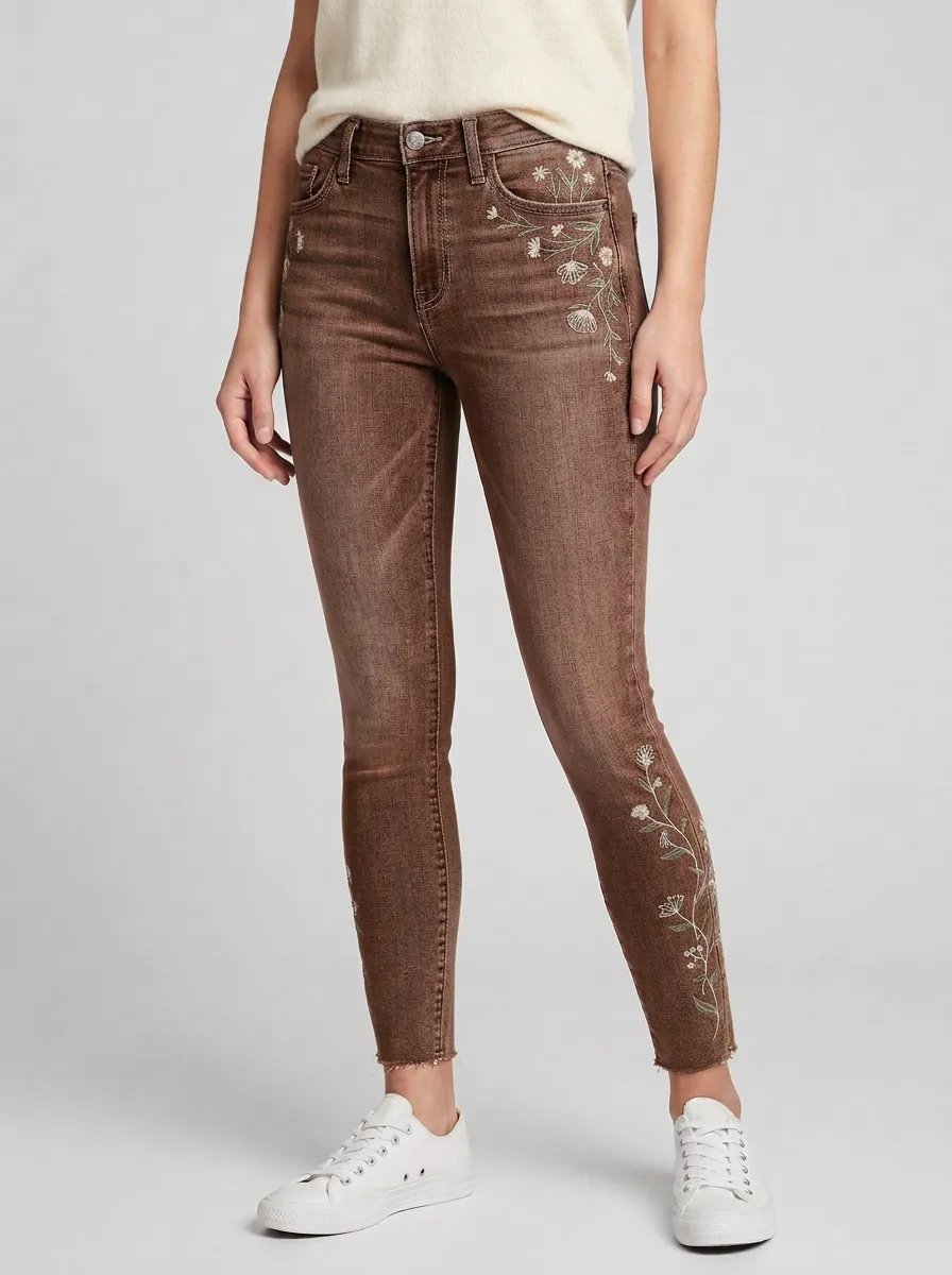 Women's Floral Embroidered Botanical Printed Slim Jeans
