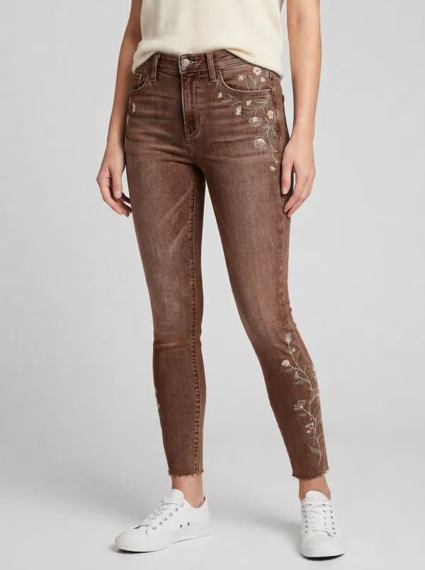 Women's Floral Embroidered Botanical Printed Slim Jeans