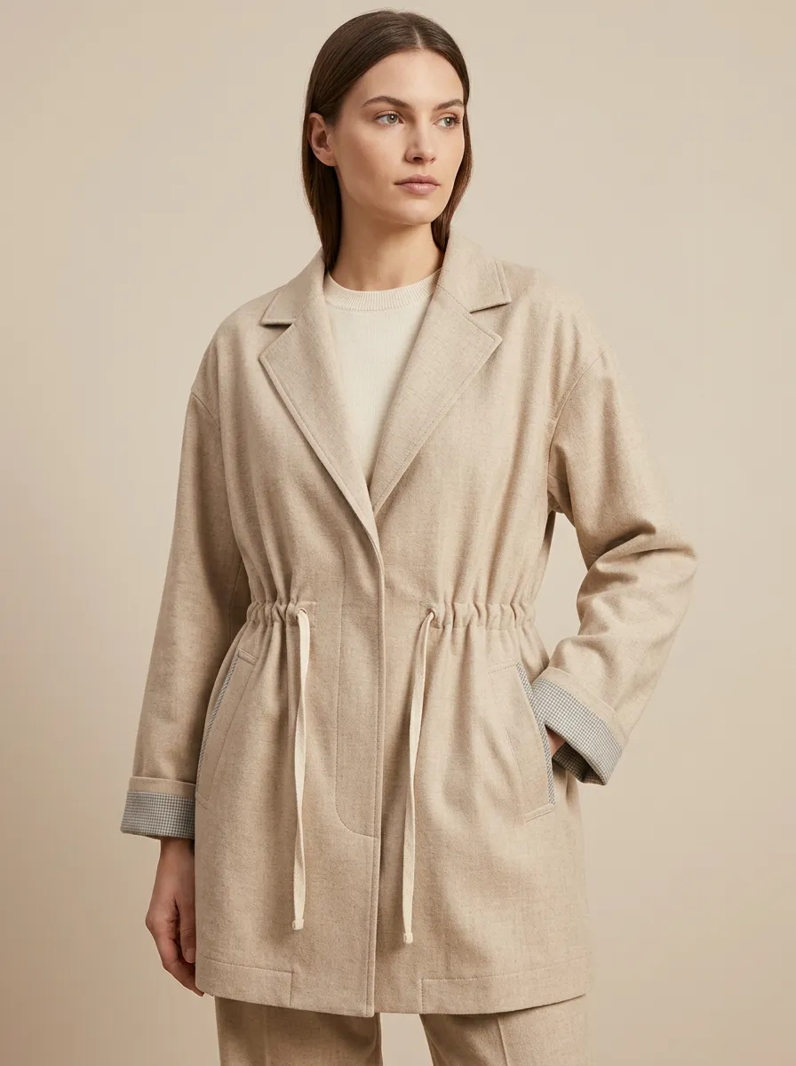 Drawstring Waist Printed Cuff Coat