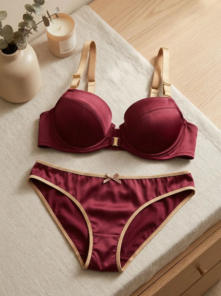 Women's Satin Contrast Trim Bow Lingerie Set