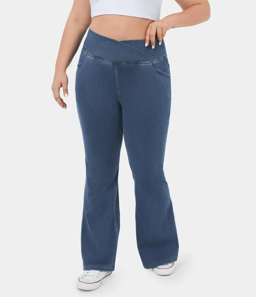 Magic High Waisted Crossover Pocket Cool Touch Breathable Washed Stretchy Knit Plus Size Casual Super Flare Jeans