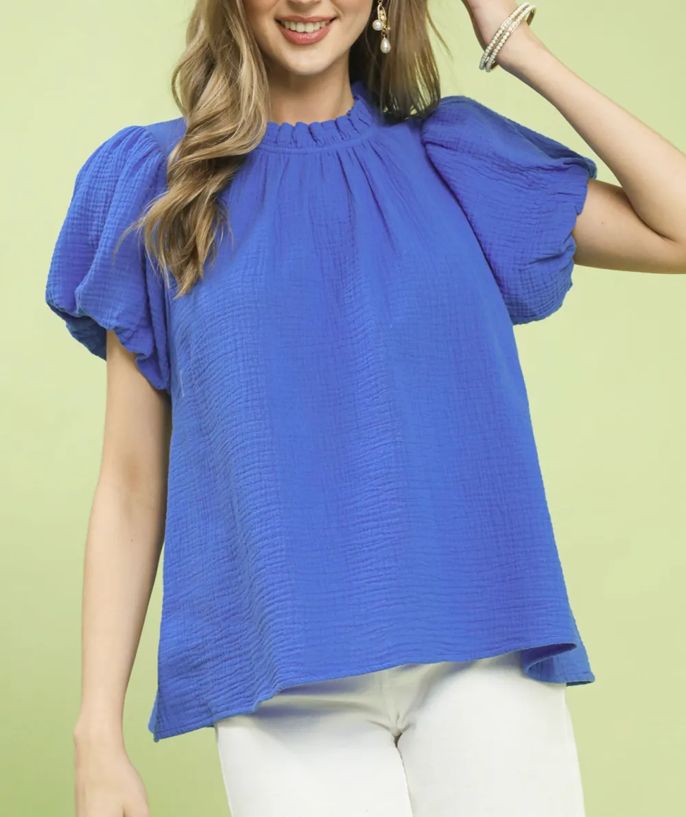 Textured Gauze Ruffle Neck Boho Top