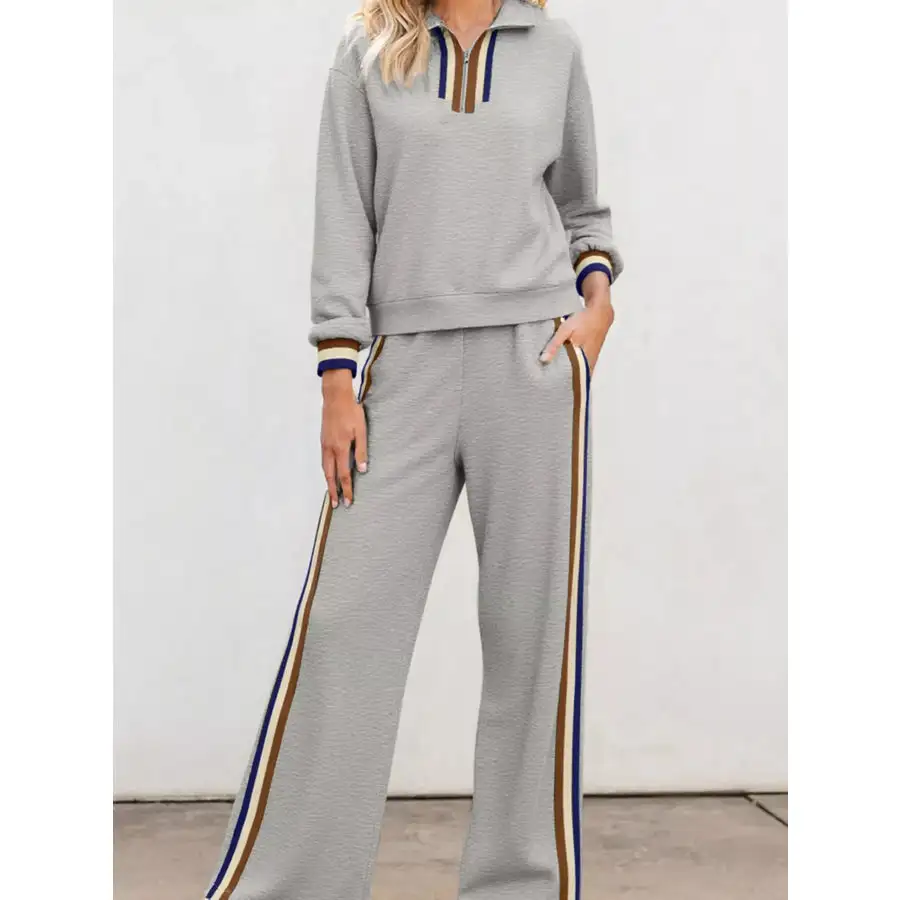 Casual Striped Trim Top and Pants Set