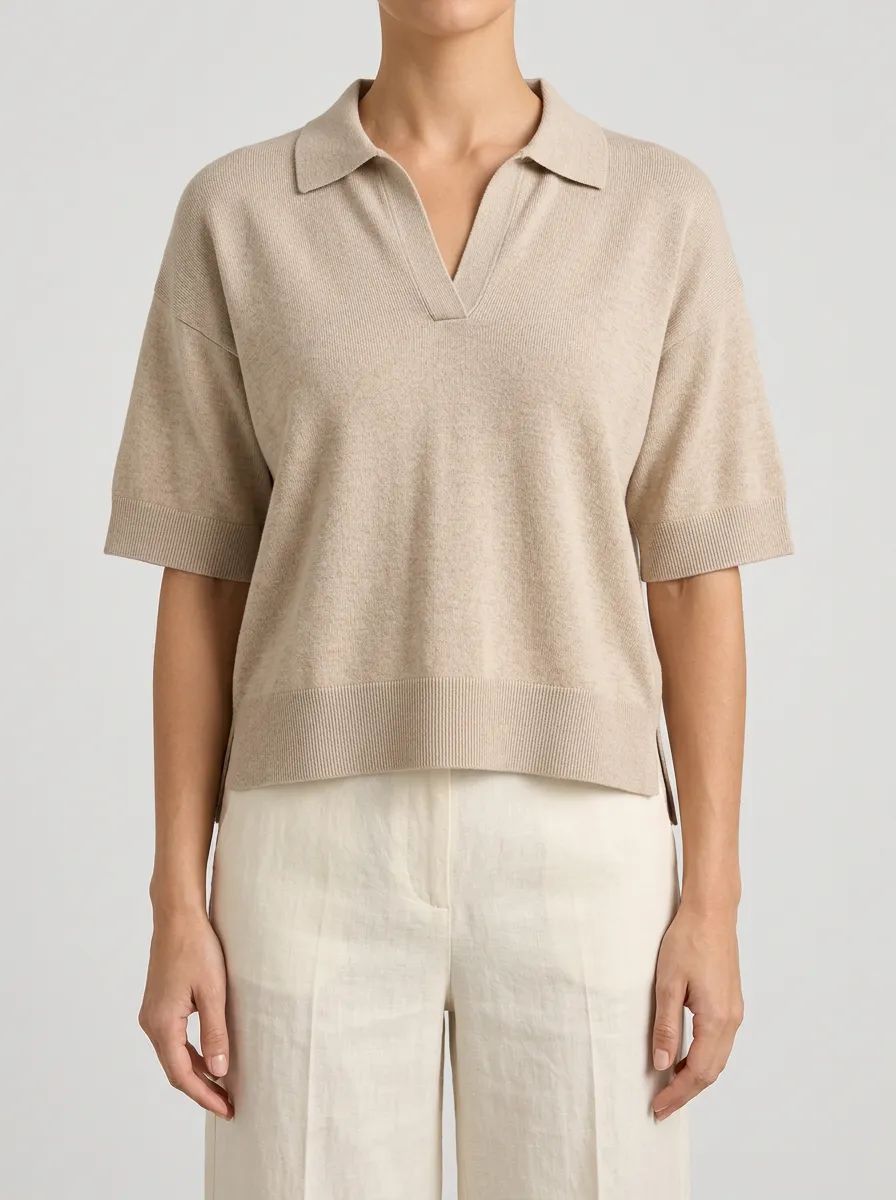 Women's Beige V Neck Knit Polo with Short Sleeves