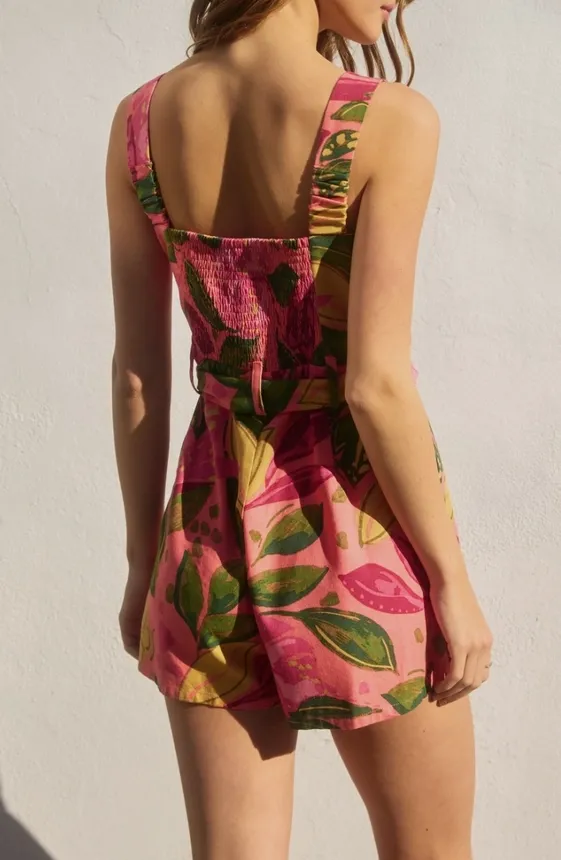 Pink Tropical Print Button Down Romper
