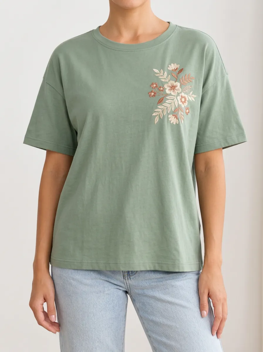 Weekend Ready Floral Print Embroidered Detail Women's Everyday Short Sleeve T Shirt
