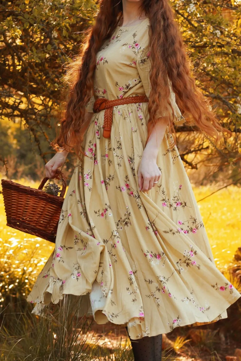 Floral Linen Cotton Fit And Flare Pleated Midi Dress