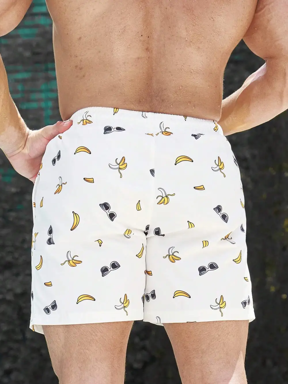 Men's Coastal Banana Print Drawstring Swim Trunks