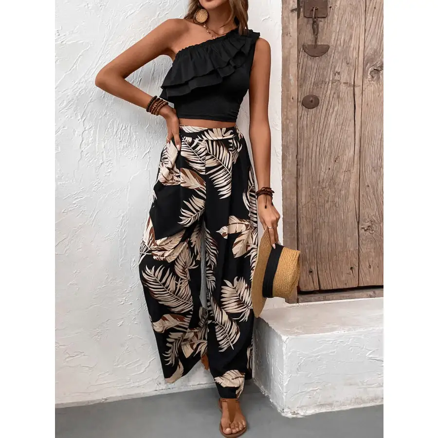 Ruffled Sleeveless Top and Printed Pants Set