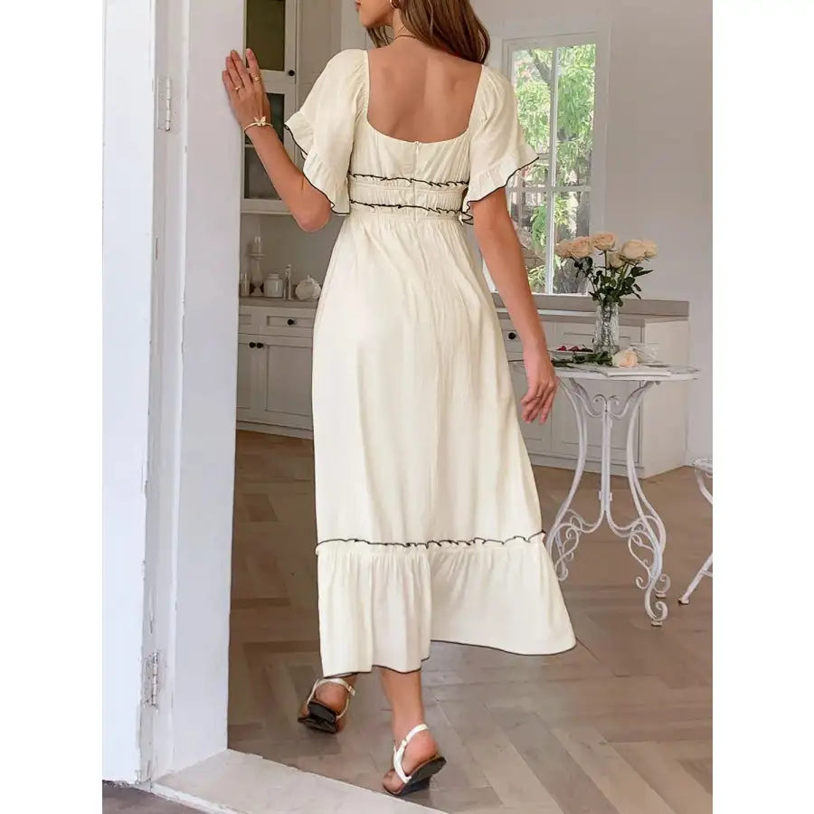 Square Neck Puff Sleeve Ruffle Trim Maxi Dress