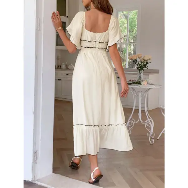 Square Neck Puff Sleeve Ruffle Trim Maxi Dress