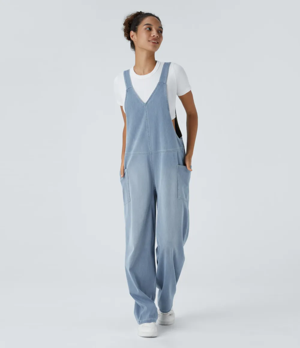 Magic V Neck Side Pocket Washed Stretchy Knit Denim Casual Overalls