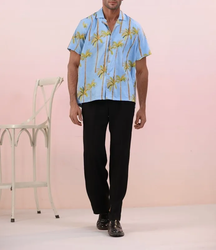 Blue Palm Mulmul Cotton Camp Collar Shirt