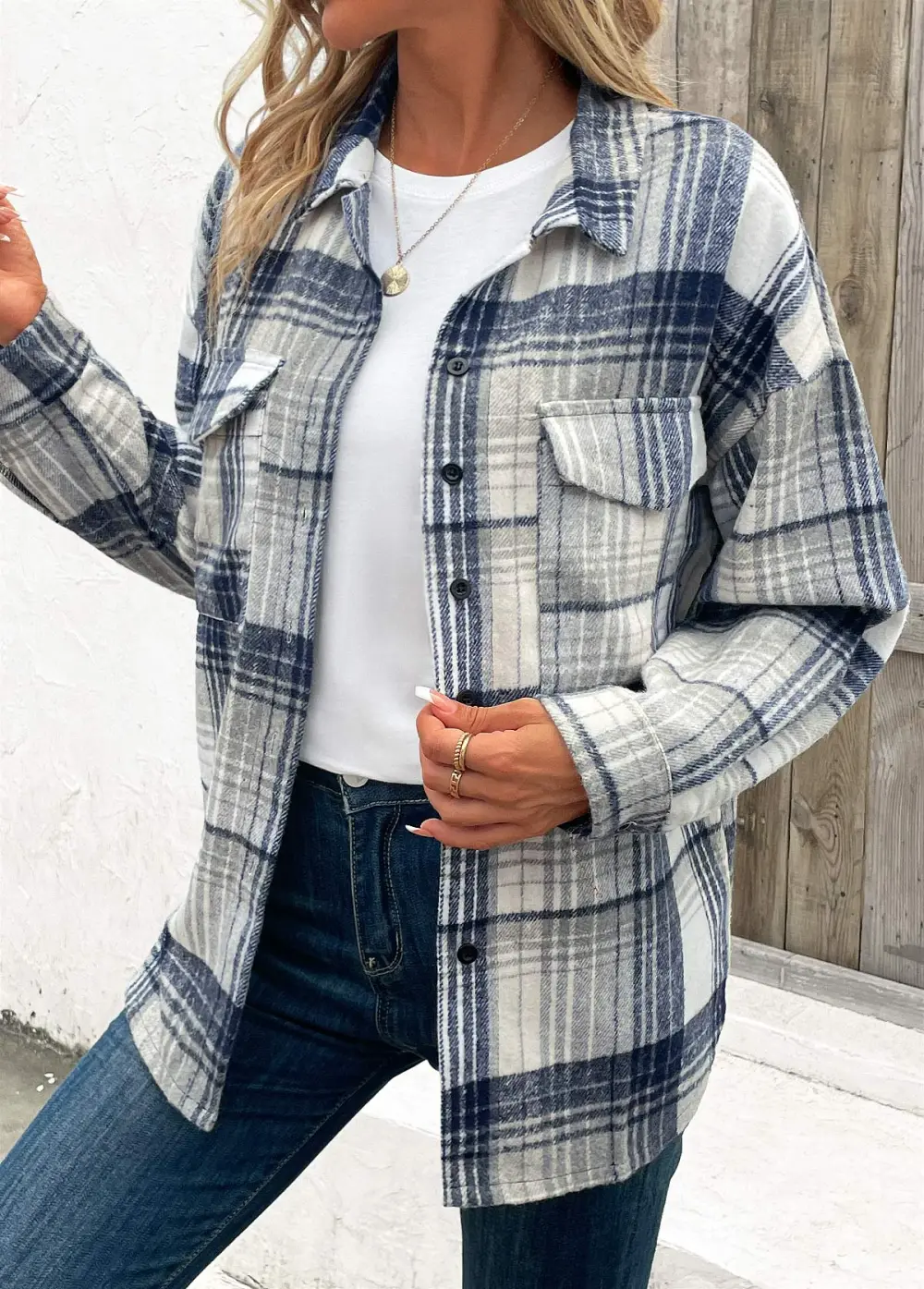 Blue Patchwork Plaid Turn Down Collar Coat
