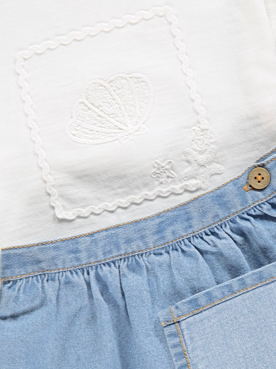 Shell Embroidery T-Shirt and Denim Skort Outfit detail 2