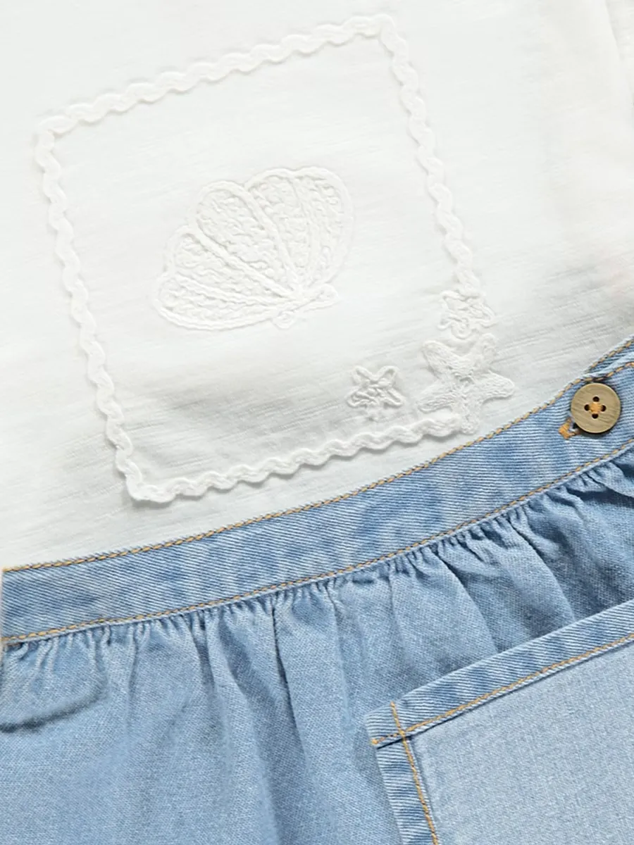 Shell Embroidery T-Shirt and Denim Skort Outfit