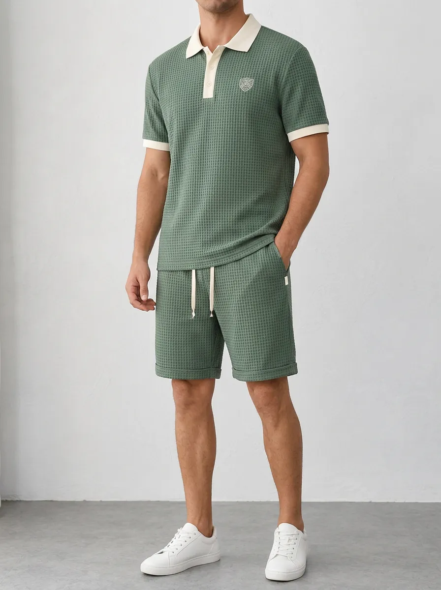 Men's Waffle Knit Contrast Collar Embroidered Polo Shirt
