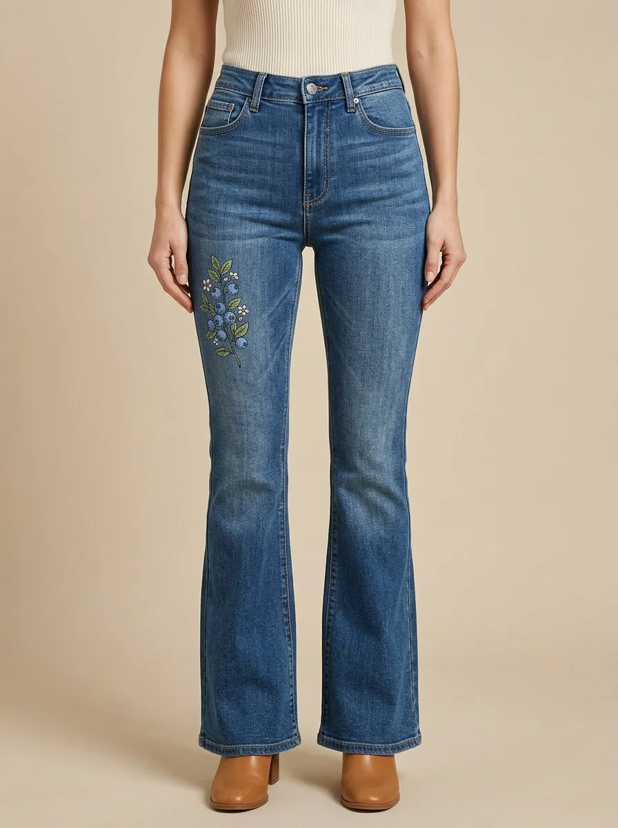 Women's Berry Botanical Embroidered Whiskered High-Rise Flare Jeans