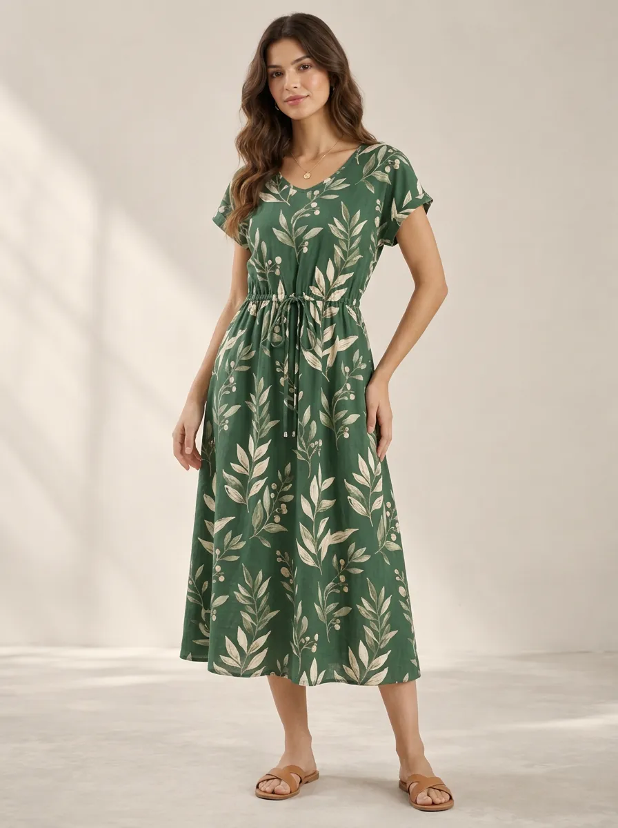 Women's Easy Wear Botanical Leaf Printed Dress