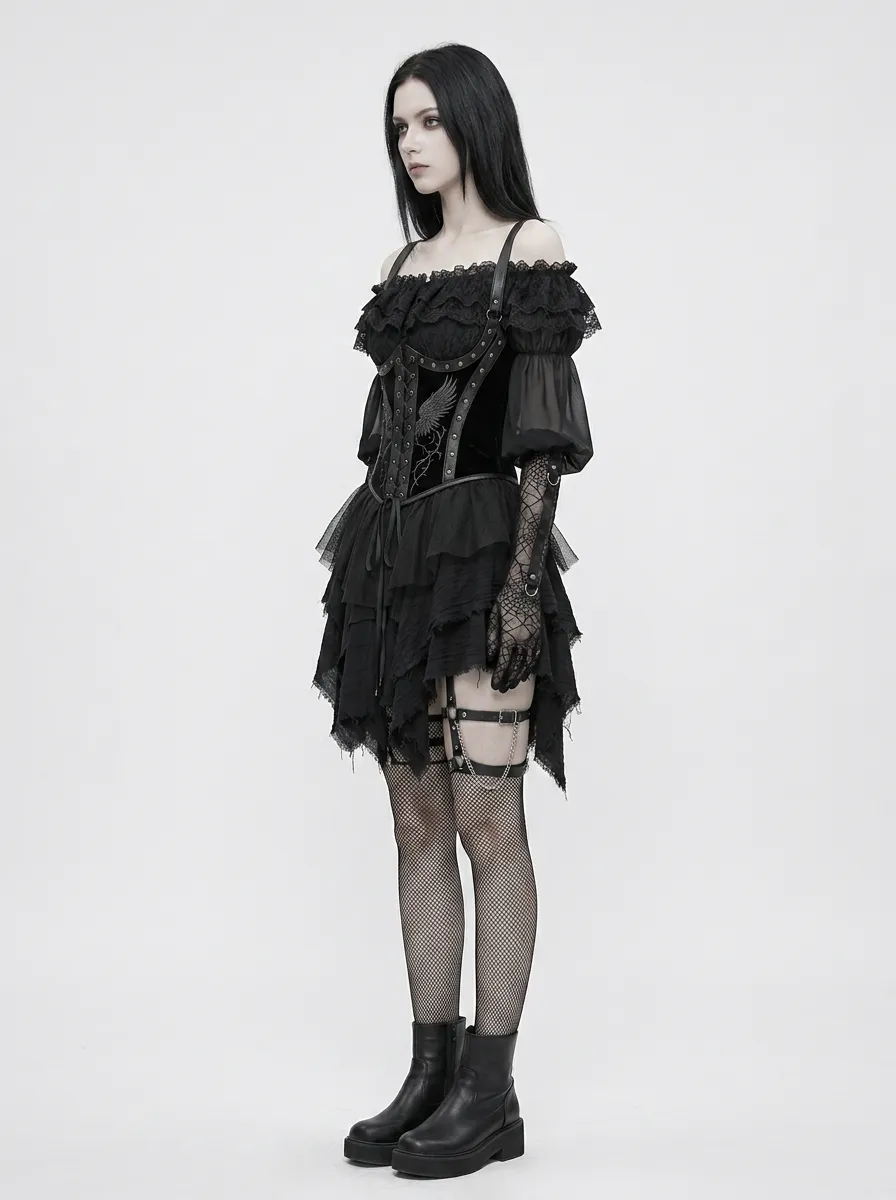 Women's Gothic Wing Thorn Embroidered Lace-up Corset Top
