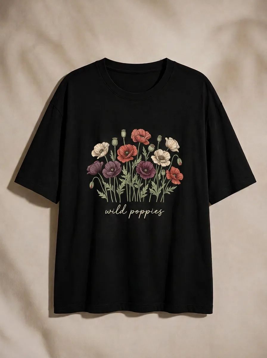 Women's Botanical Nature Lover Wild Poppies Printed T-shirt