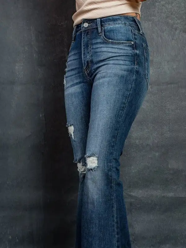 Distressed High Waisted Flared Denim Jeans