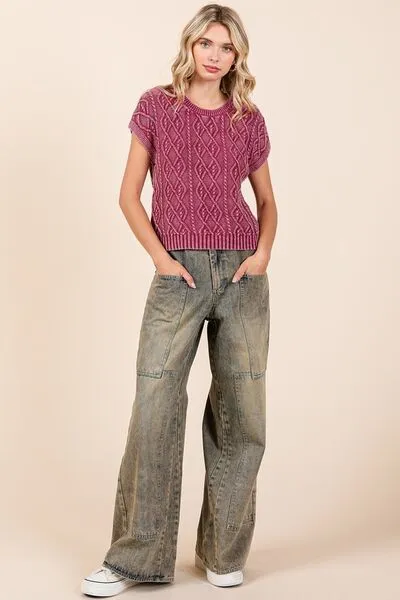 Wide Leg Pocketed Washed Denim Jeans