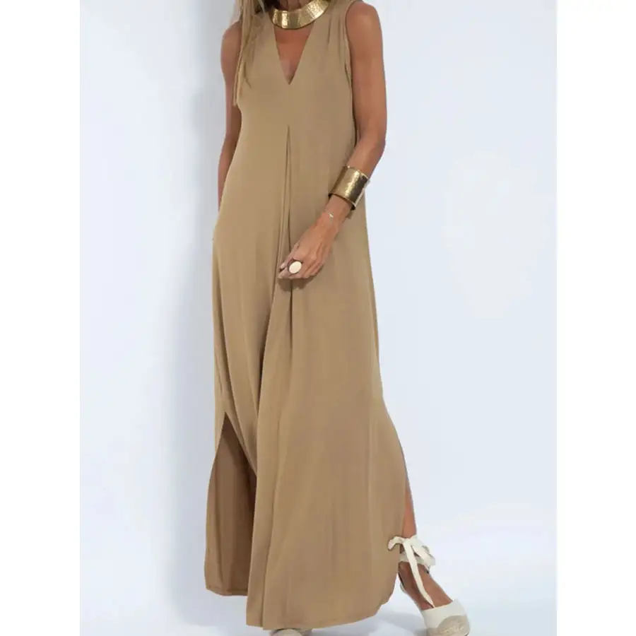 Full Size V Neck Sleeveless Maxi Dress with Slit Plus Size