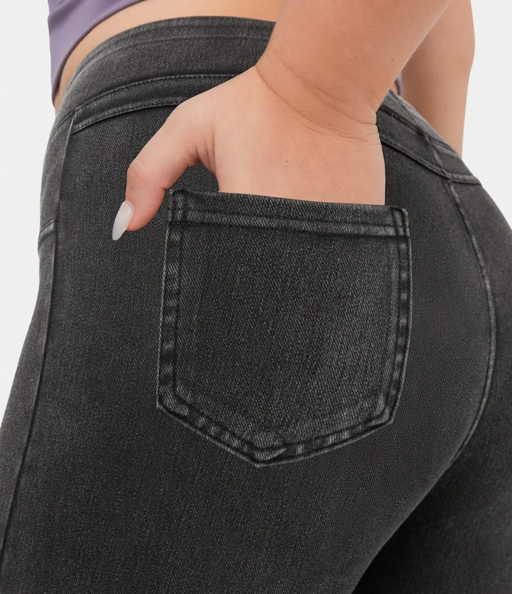Magic High Waisted Back Side Pocket Stretchy Knit Denim Plus Size Casual Leggings