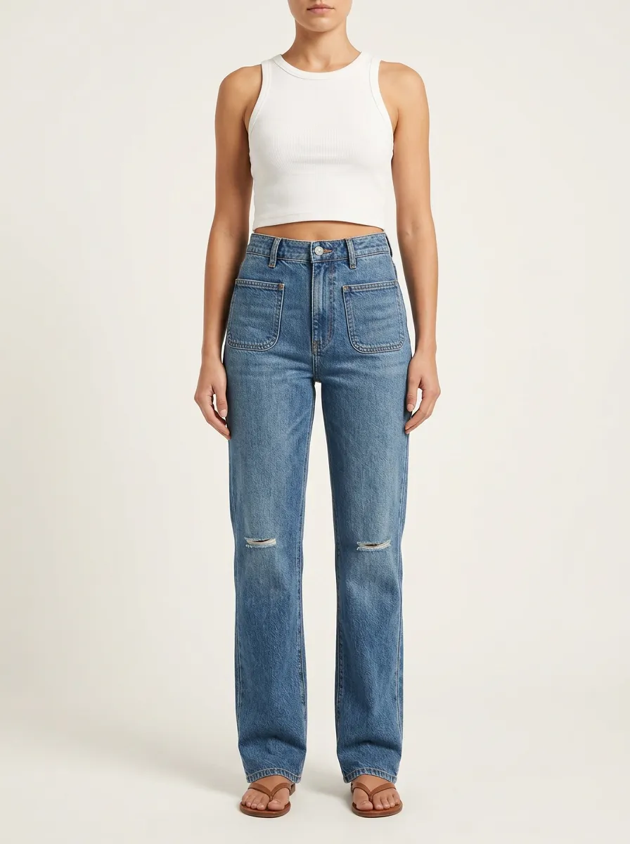Women's Front Patch-Pocket Double-Knee Distressed High-Rise Straight-Leg Jeans