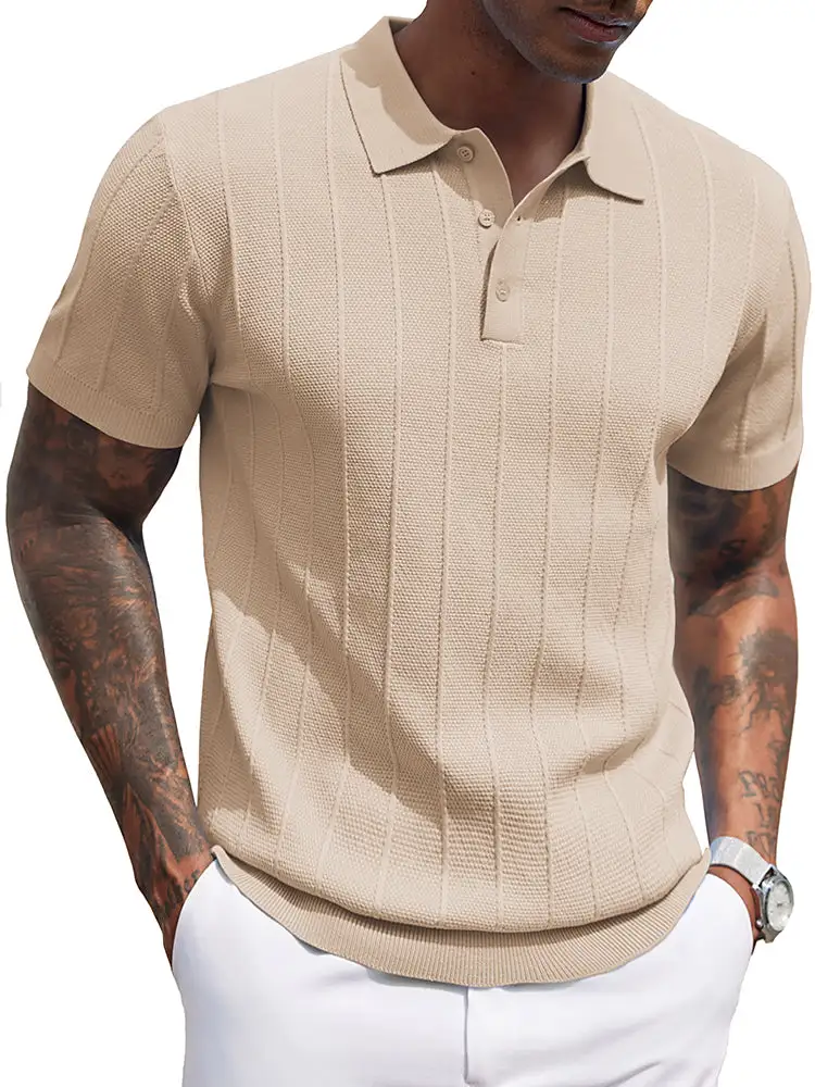 Ribbed Textured Knit Polo Shirt