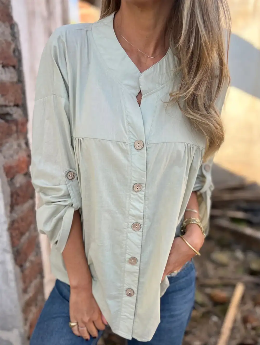 Loose V-Neck Pleated Shirt