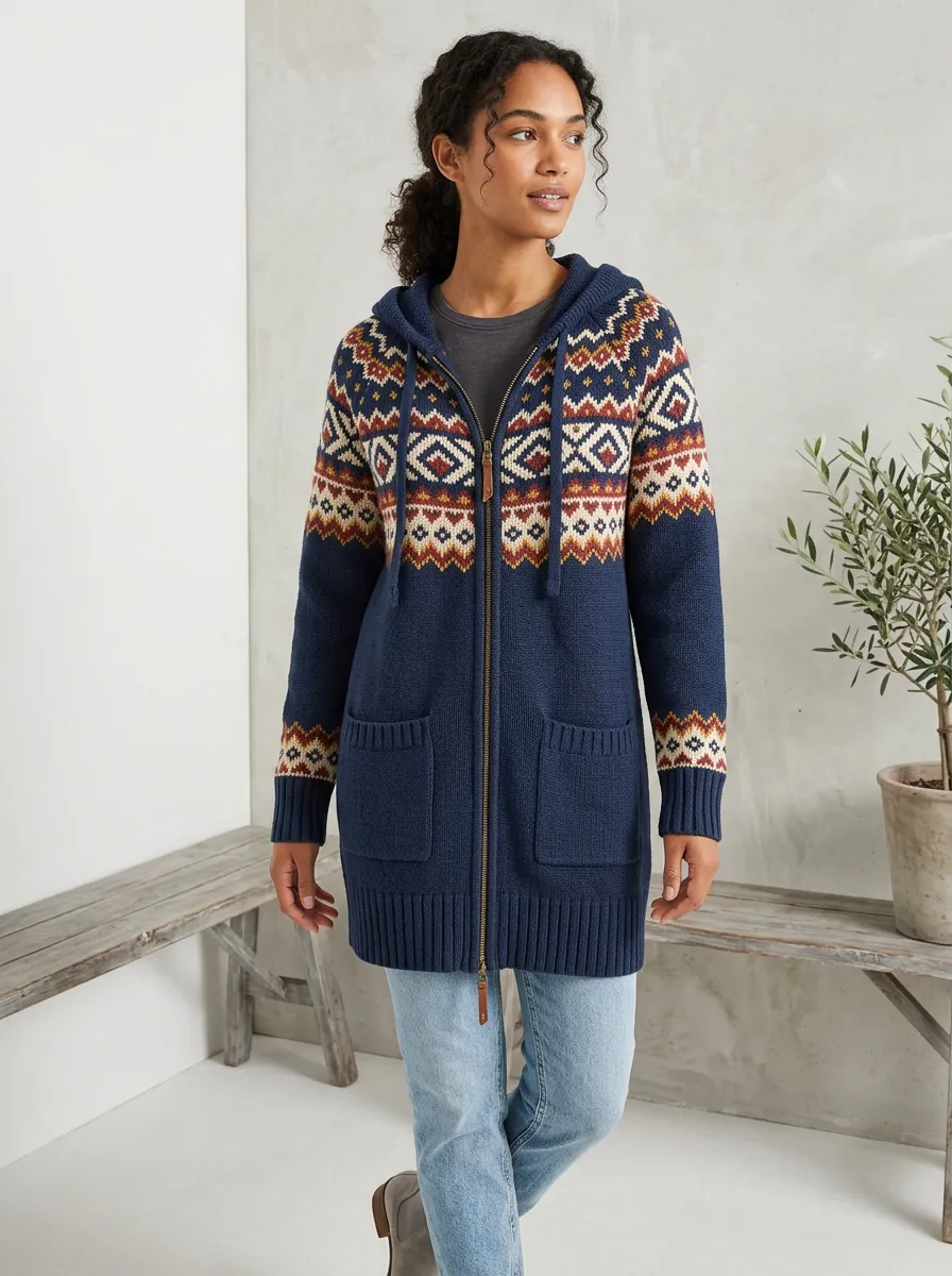 Women's Fair Isle Pattern Hooded Zip Up Knit Cardigan