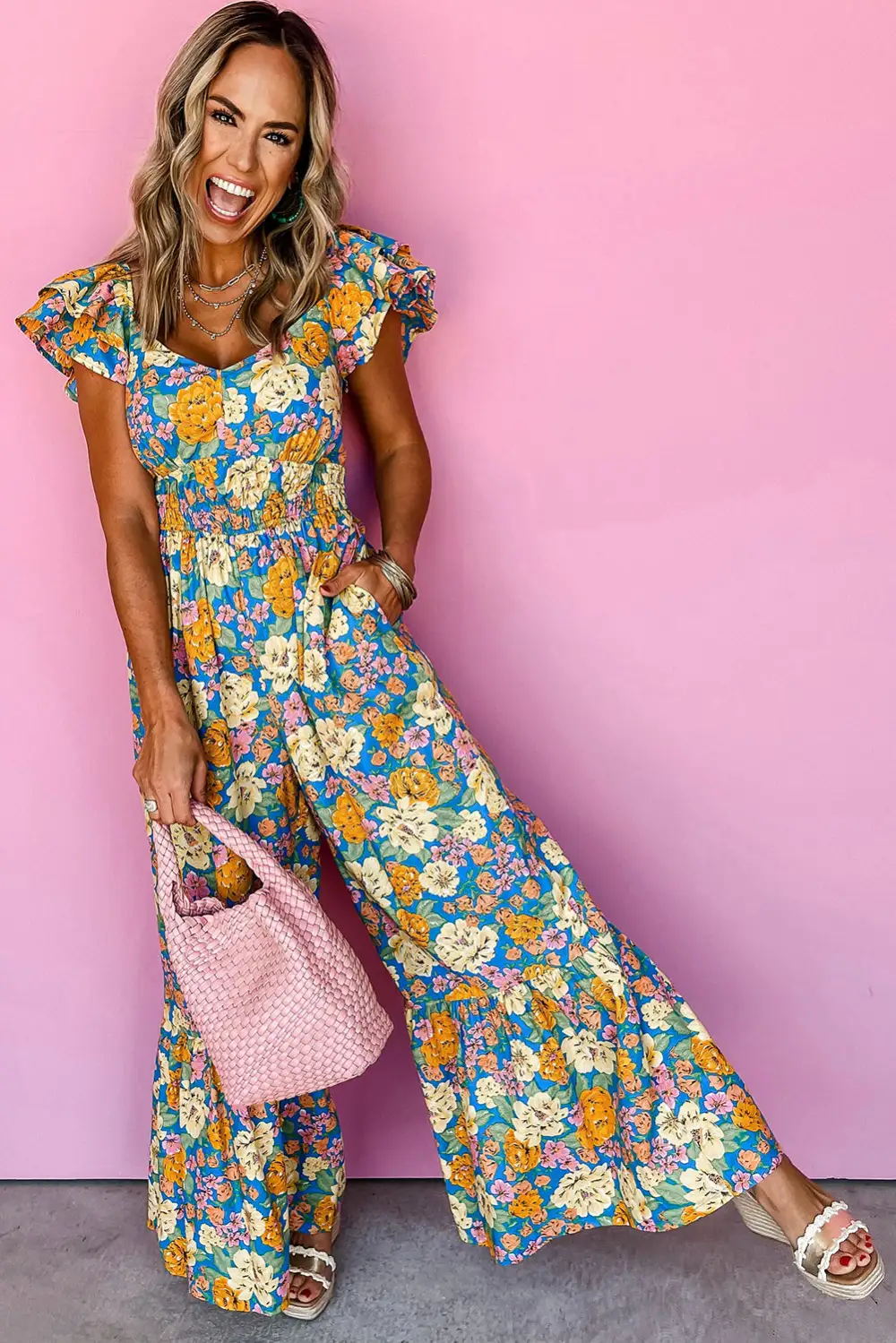 Floral Allover Print Shirred Panel Detail Jumpsuit