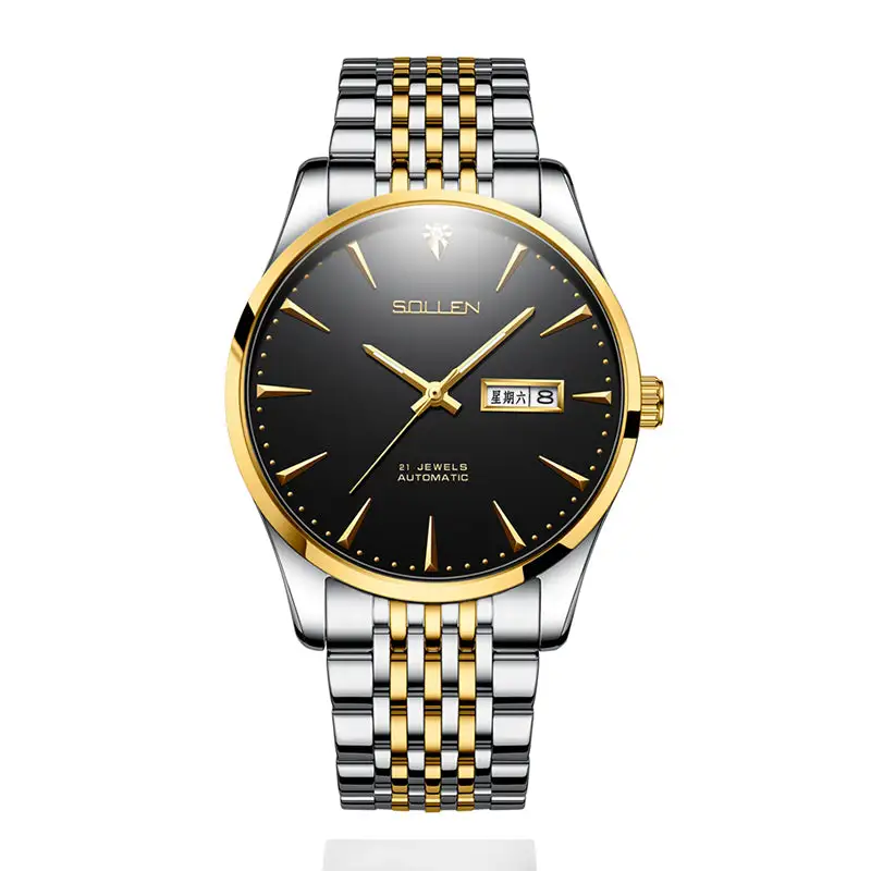 Sollen 9030 Automatic Watch - Men's Diamond-Set Dial Day Date 9-Bead Stainless Steel Bracelet Wristwatch