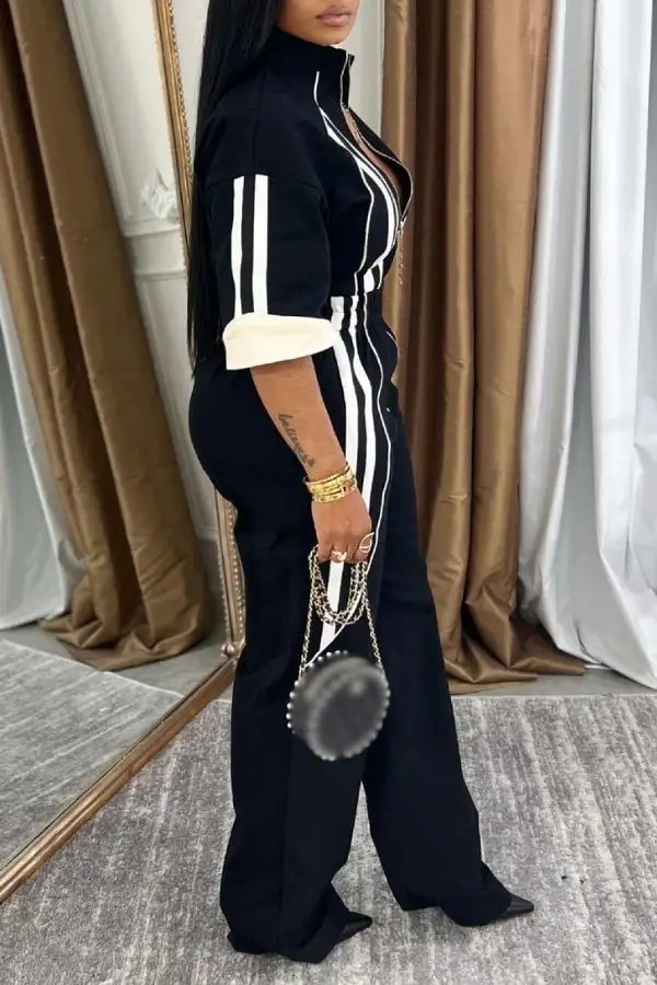 Zip-Front Stand Collar Drop-Shoulder Sleeve Jumpsuit