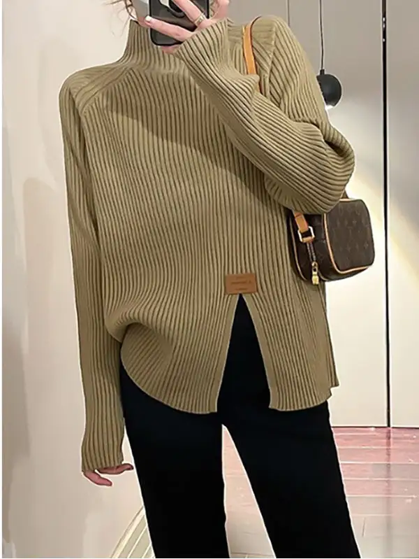 Split Front Mock Neck Long Sleeve Relaxed Fit Pullover Sweater