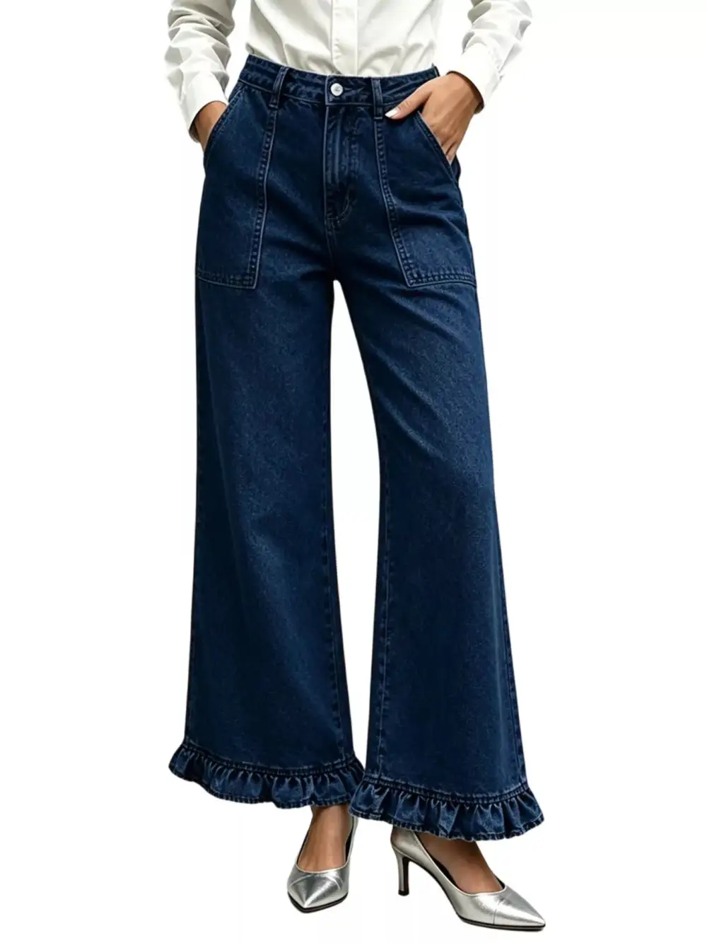 Women' High-Waisted Wide-Leg Ruffle Hem Jeans