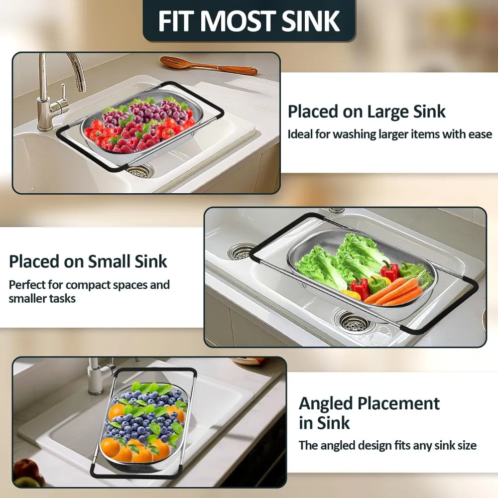 Expandable Fine‑Mesh Sink Strainer Basket with Rubber Handles, Sink Filter Basket for Vegetables, Fruits, Pasta, Must‑Have for Home Kitchen