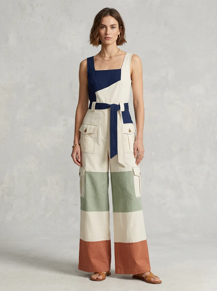 Women's Casual Style Color-Block Patchwork Belted Jumpsuit