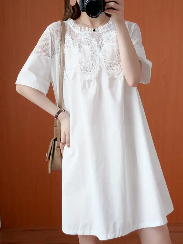 Original Solid Lace Split Side Short Sleeve A Line Mini Dress