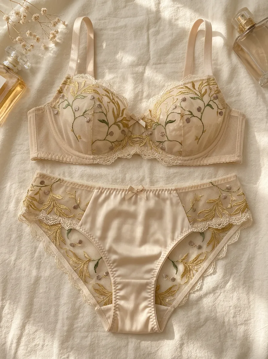 Women's Floral Embroidery Mesh Floral Lingerie Set