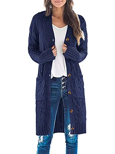 Womens Long Sleeve Cable Knit Long Cardigan Open Front Button Sweater Outerwear