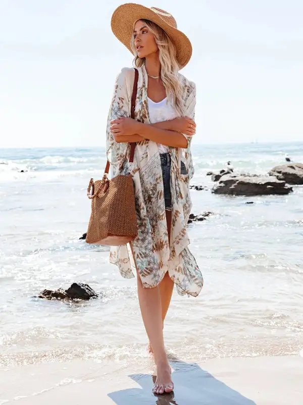 Mid Length Slit Chiffon Printed Sunscreen Swimsuit