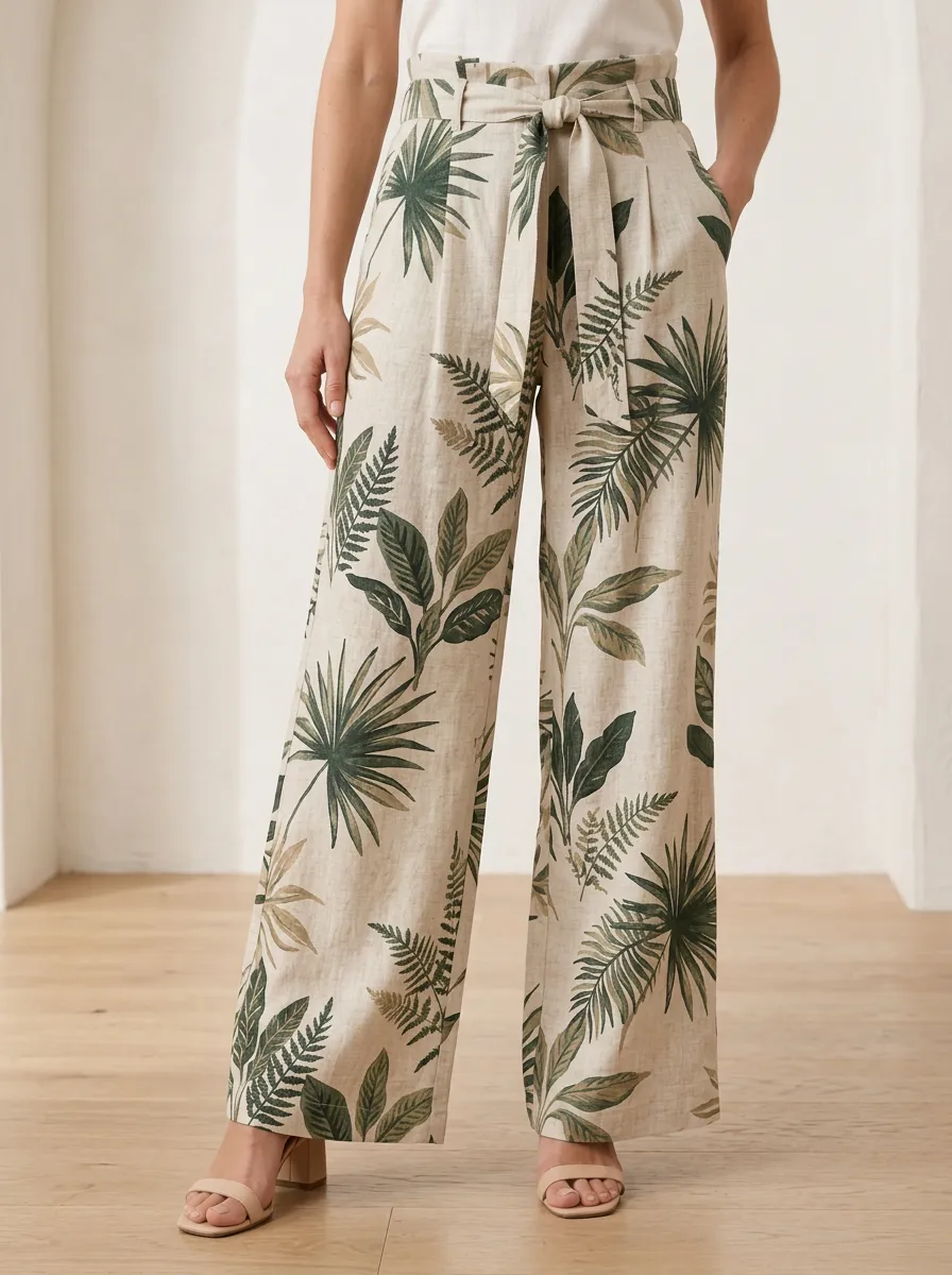 Women's Fern Botanical Vacation Ready Printed Wide Leg Pants